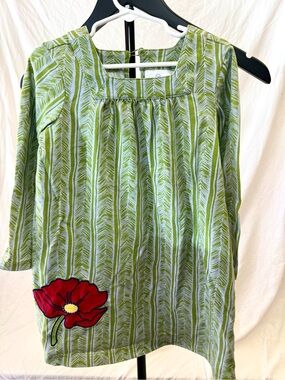 Hanna Andersson Green Stripe Tunic with Red Floral Appliqué